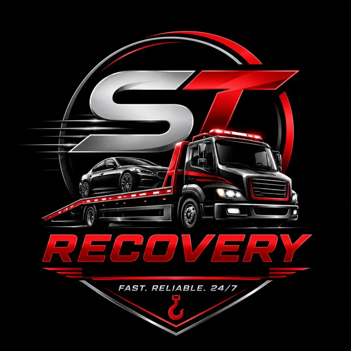 ST Recovery low-loader recovery truck carrying a car